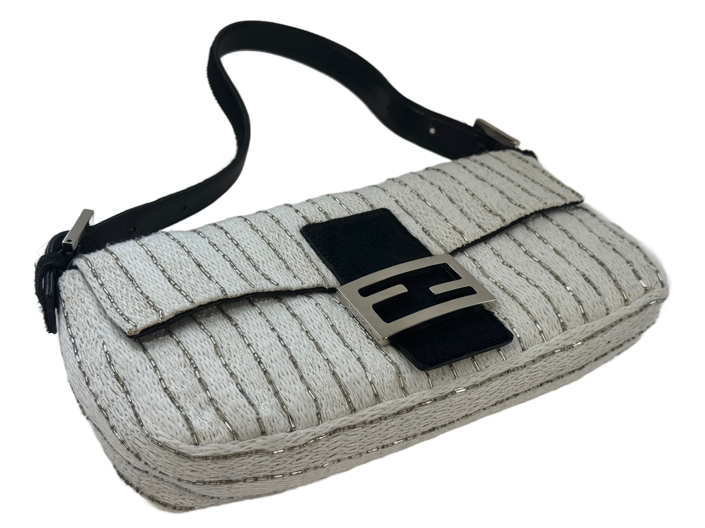 Fendi Vintage White Knit Silver Beaded Striped Baguette w Black Pony Hair Trim