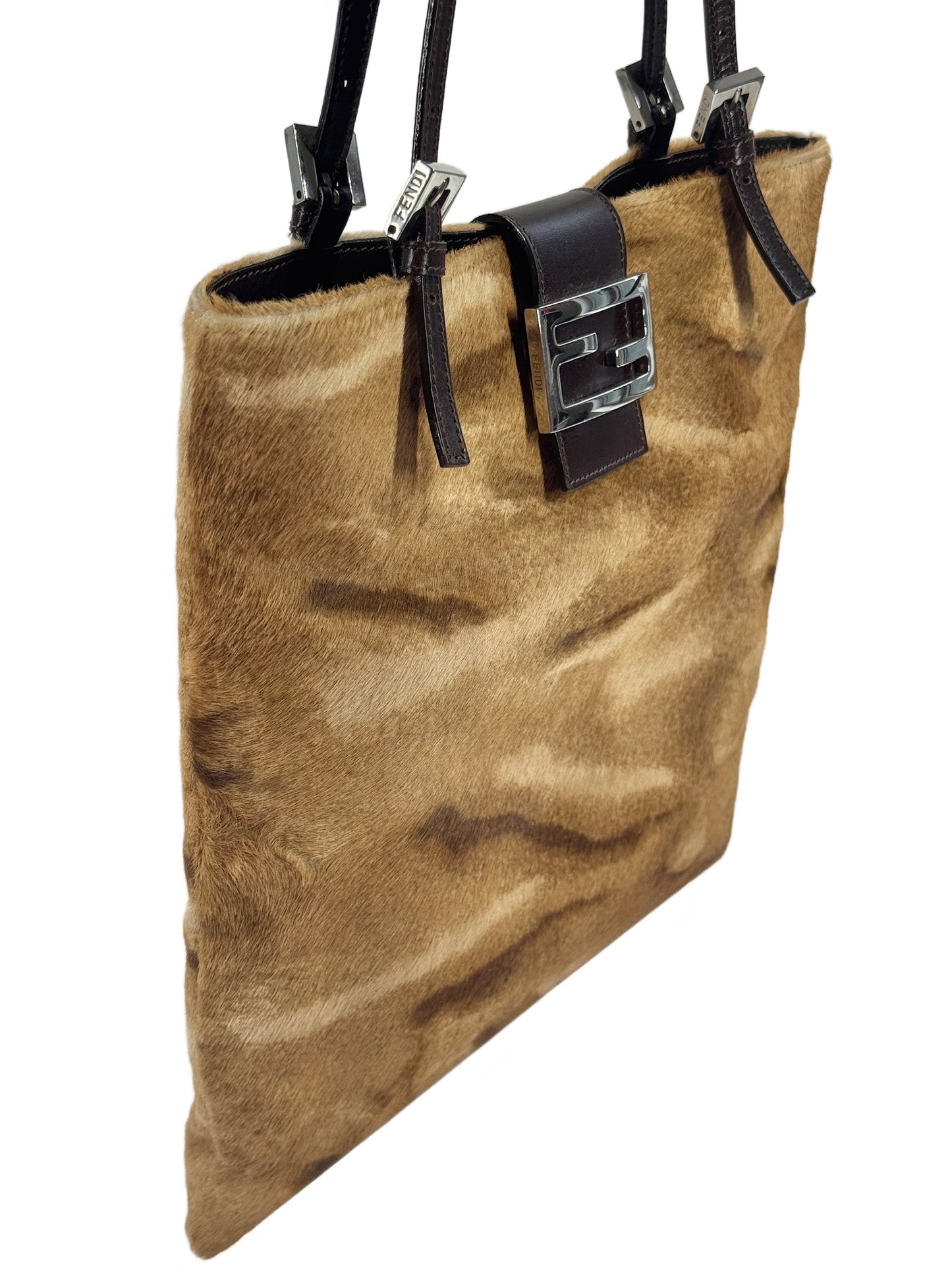 Fendi Vintage Beige Brown Giraffe Print Pony Hair Shoulder Baguette Tote Bag