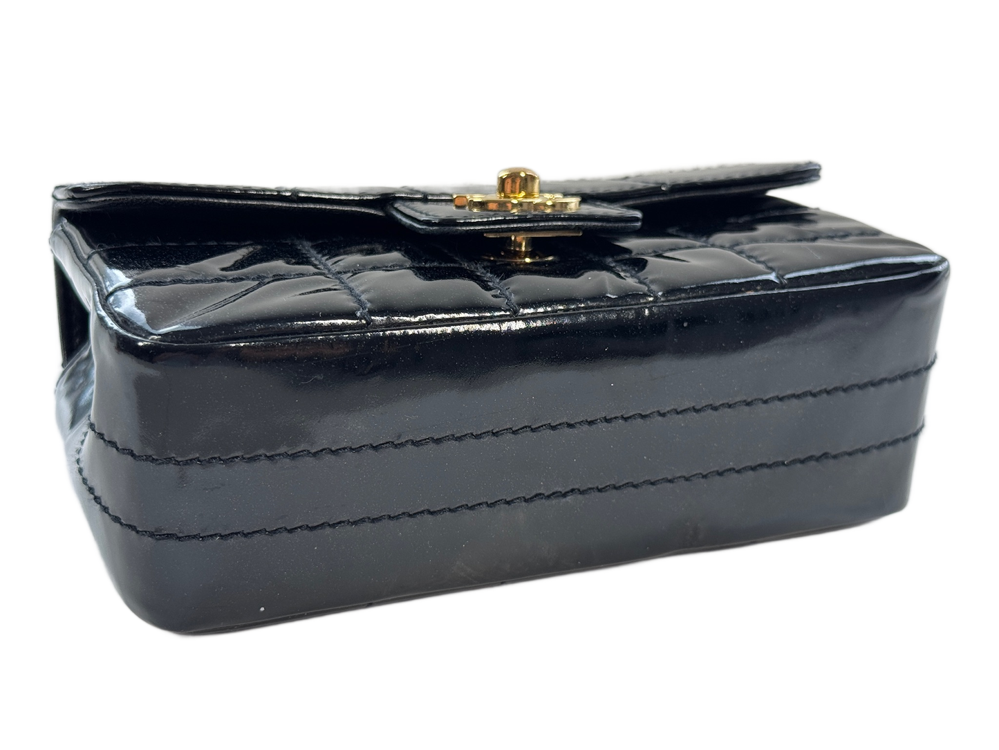 Chanel Vintage 00s Black Patent Leather Mini Rectangular Quilted Chocolate Bar Flap Bag w 24K Gold Plated Hardware