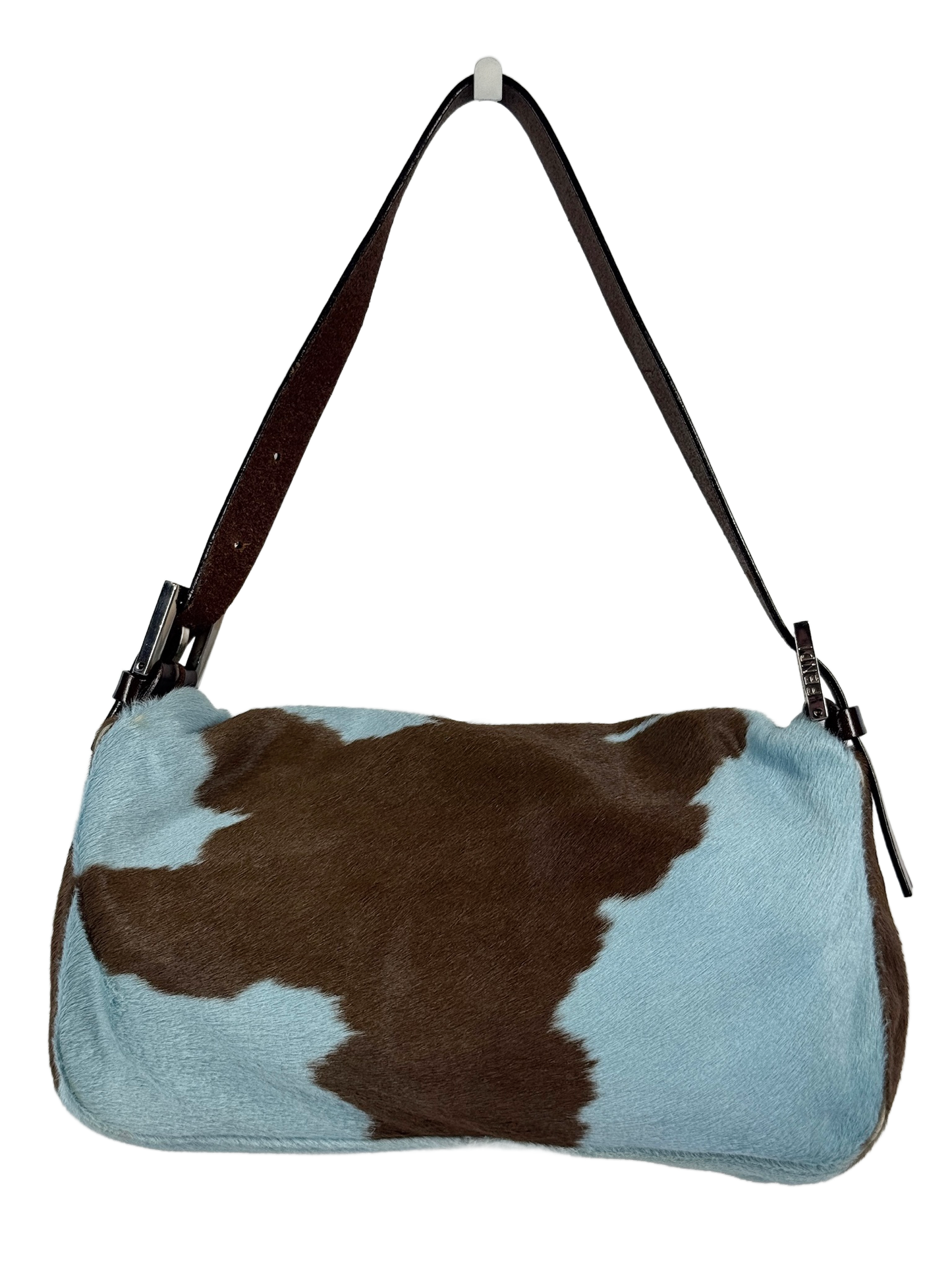 Fendi Vintage Blue & Brown Cow Animal Print Pony Hair Shoulder Baguette Bag