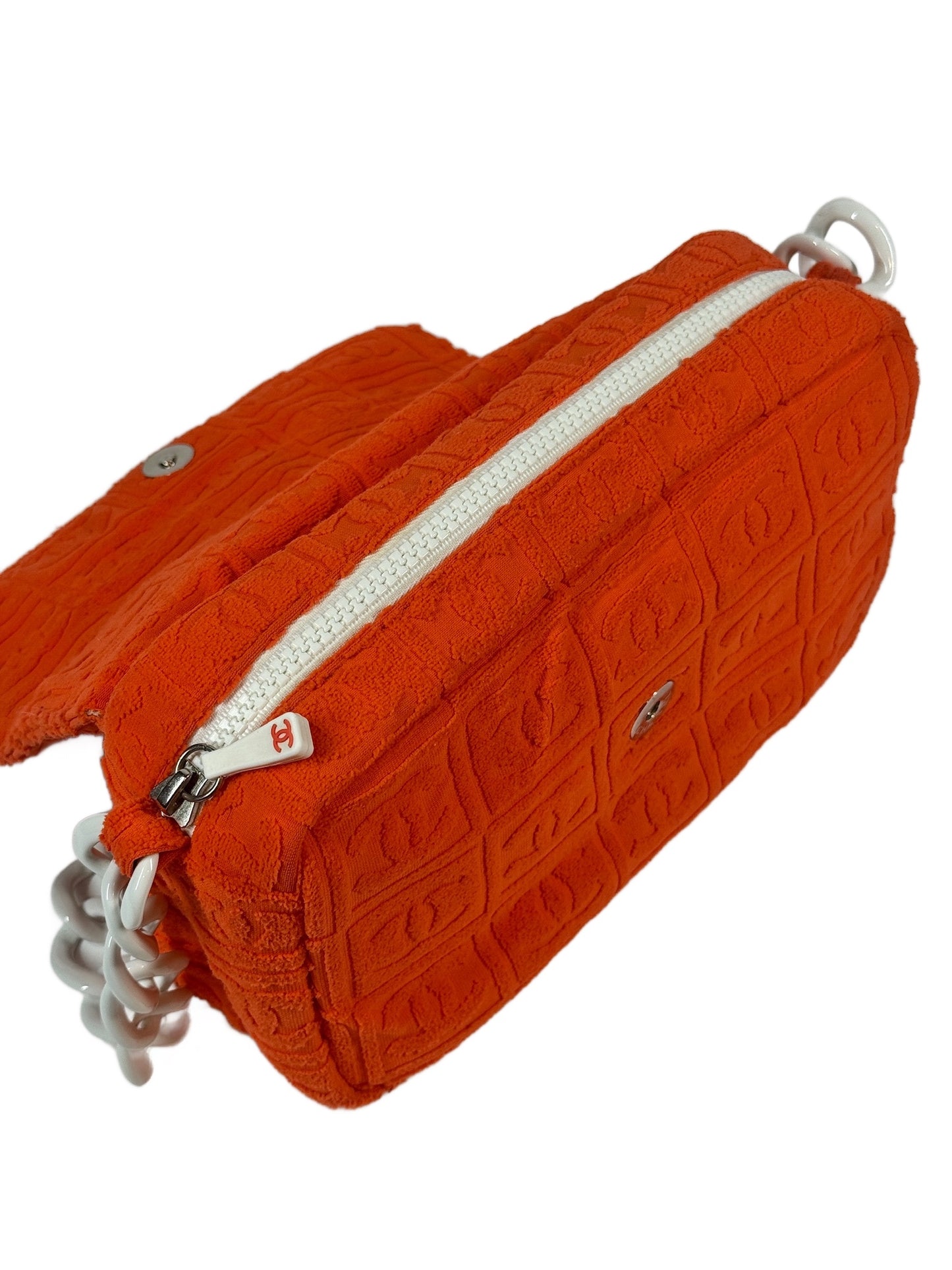 Chanel Vintage 00s Orange CC Logo Terry Cloth Sport Line Flap Bag w White Resin Chainlink Hardware