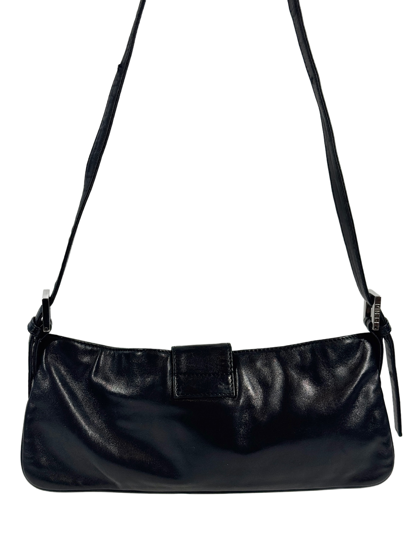 Fendi Vintage Black Lambskin Leather Green Logo Shoulder Baguette Bag