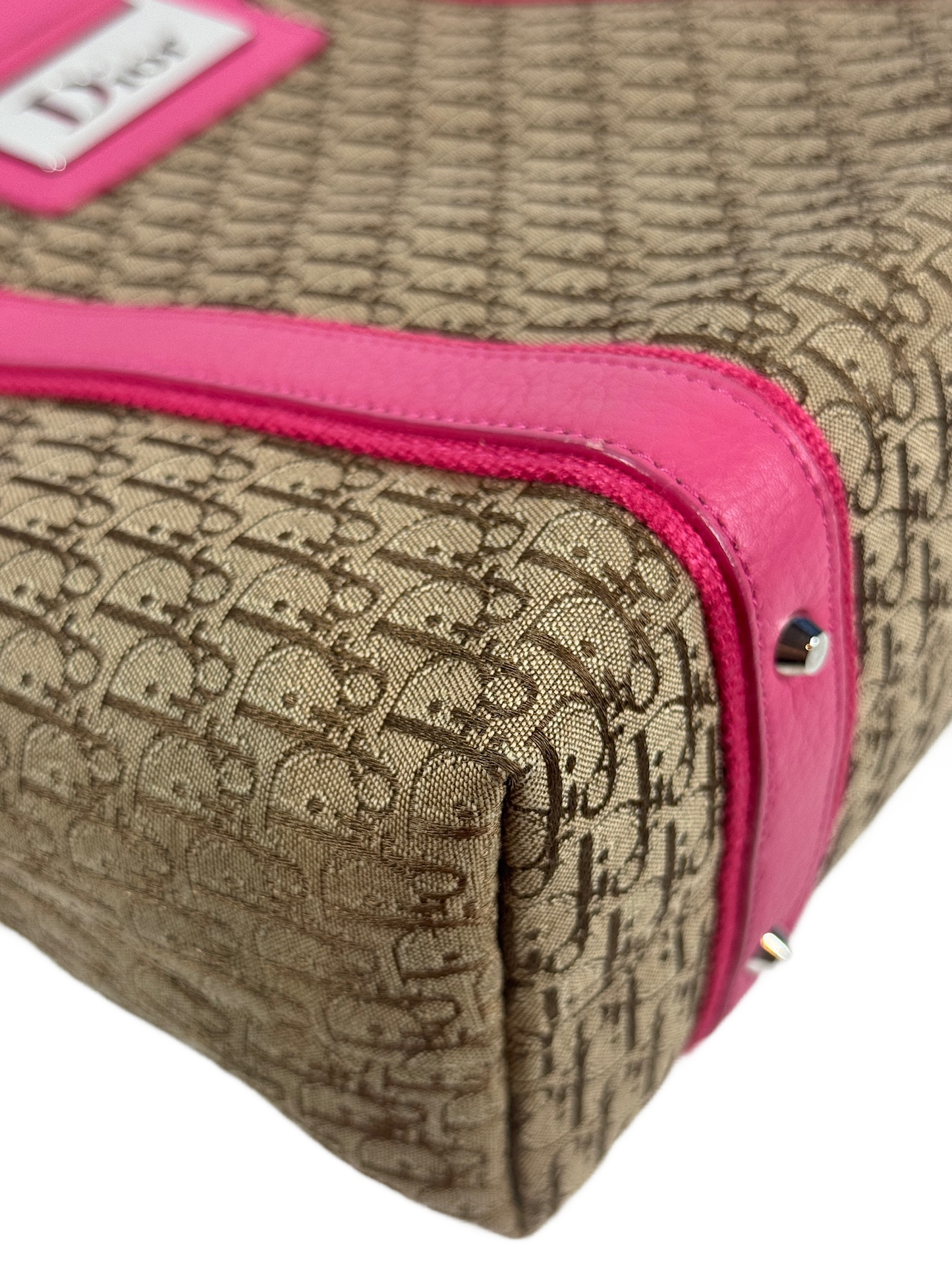 Dior Vintage Diorissimo Brown Monogram Canvas Street Chic Pink Leather Trim Shoulder Bag
