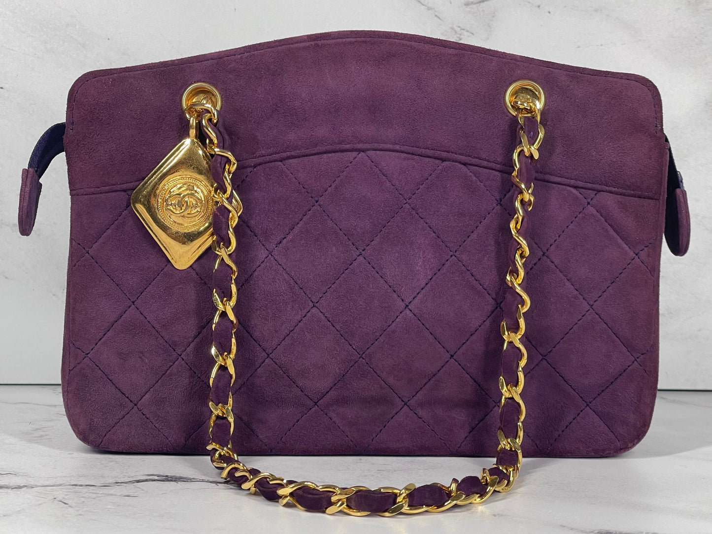 Chanel Vintage 1 Series Eggplant Purple Suede Chain Shoulder Bag w 24K GPHW