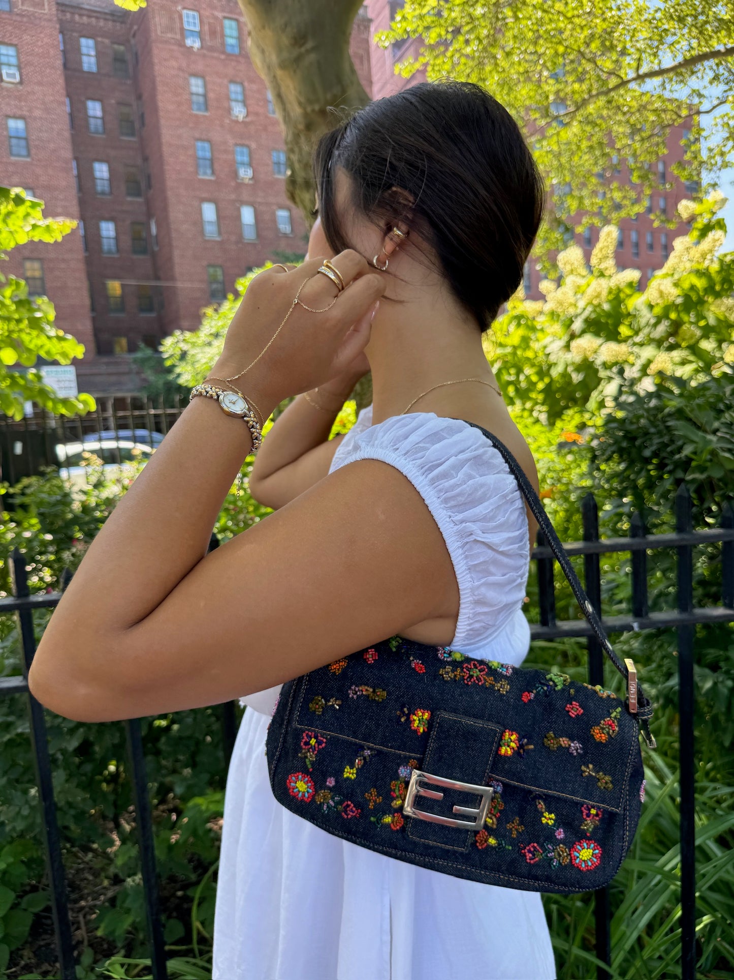 Fendi Vintage Blue Denim Floral Embroidered Beaded Shoulder Baguette Bag
