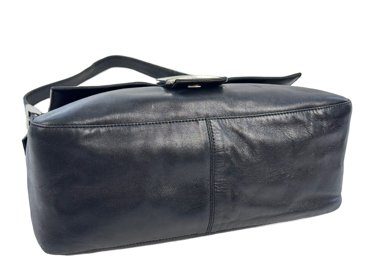 Fendi Vintage Black Leather Green Logo Mamma Shoulder Baguette Bag