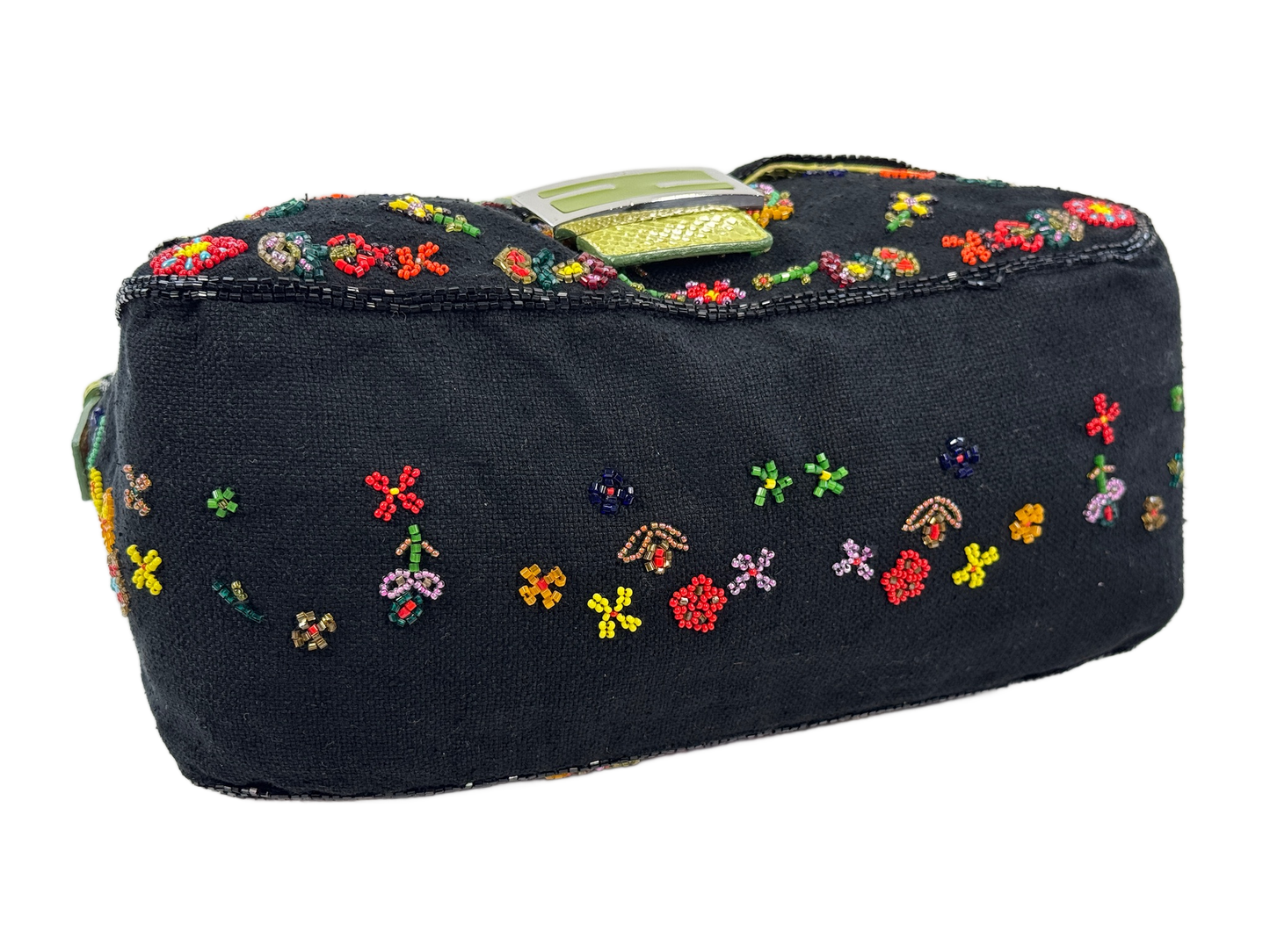 Fendi Vintage Black Knit Floral Beaded Embroidered Mamma Baguette Shoulder Bag w Green Lizard Trim