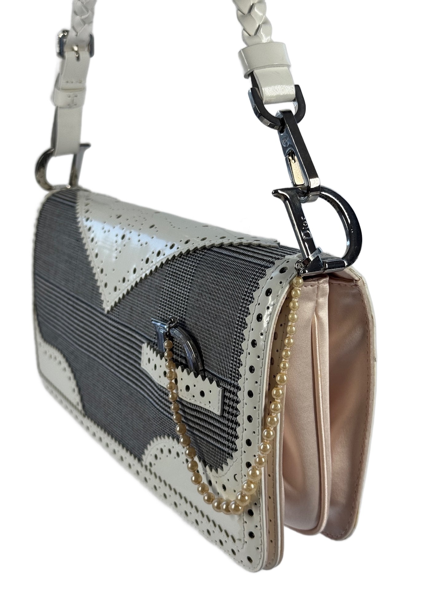 Dior Vintage 2004 Black & White Gingham Canvas & Patent Leather Pearl Trim Shoulder Pochette Bag