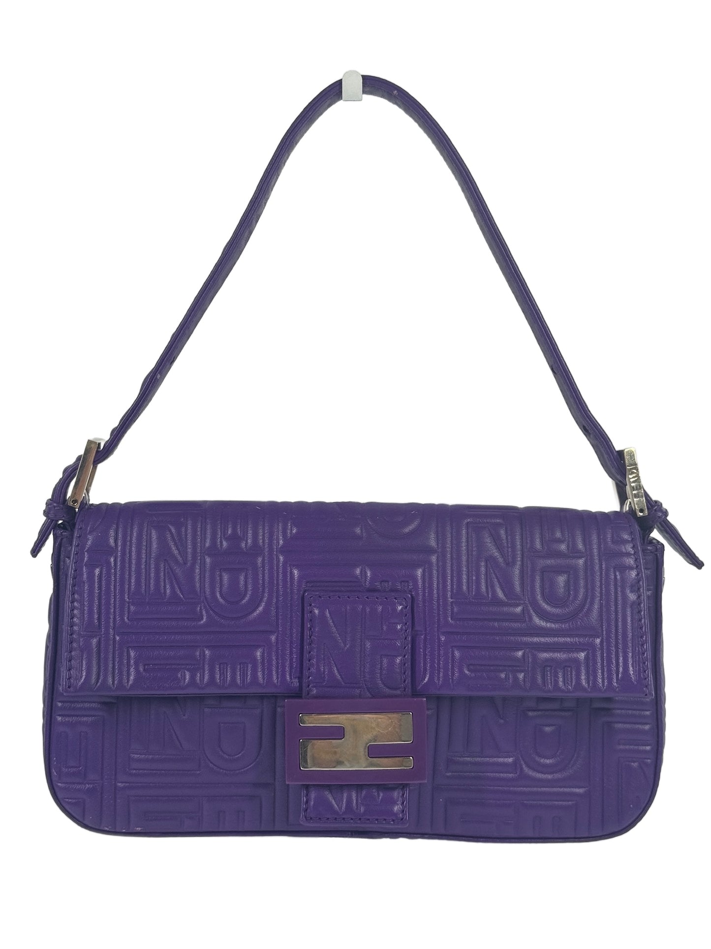 Fendi Purple Nappa Embossed Logo Leather Shoulder Baguette Bag