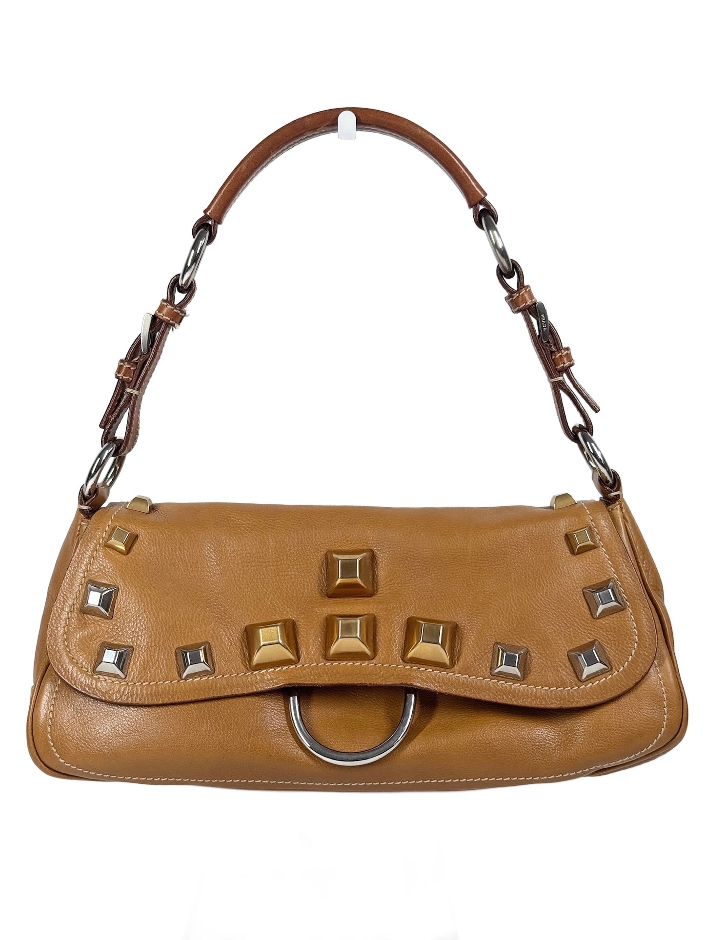 Prada Vintage 2004 Beige Calf Leather Mixed Metal Studded Shoulder Bag