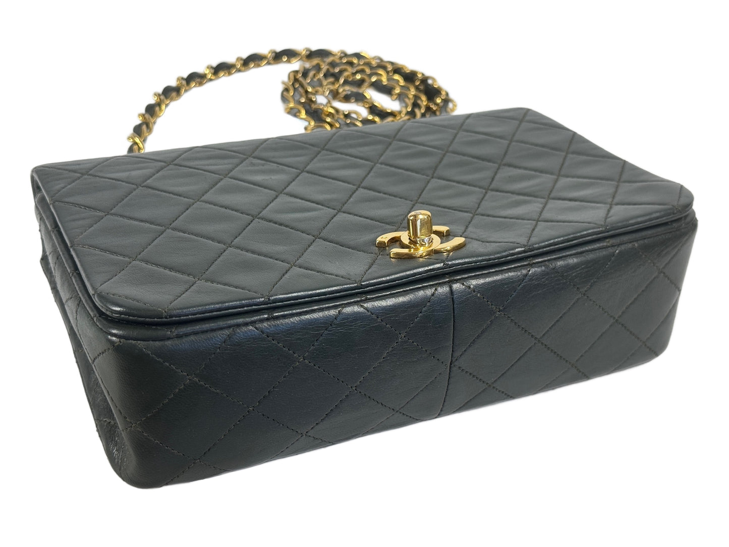 Chanel Vintage 00s Khaki Green Quilted Lambskin Small Classic Single Flap Turn Lock Shoulder Bag