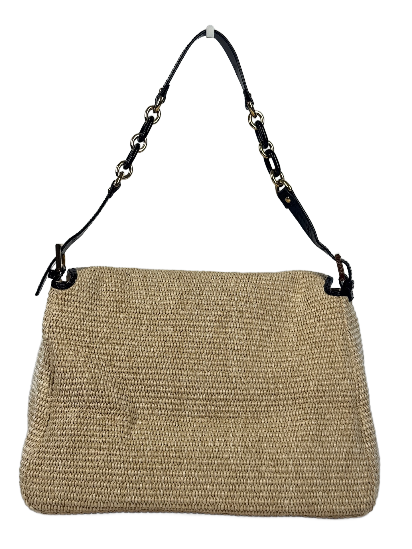 Fendi Vintage Beige Raffia Black Snakeskin Patent Leather Trim XL Mamma Baguette Shoulder Bag