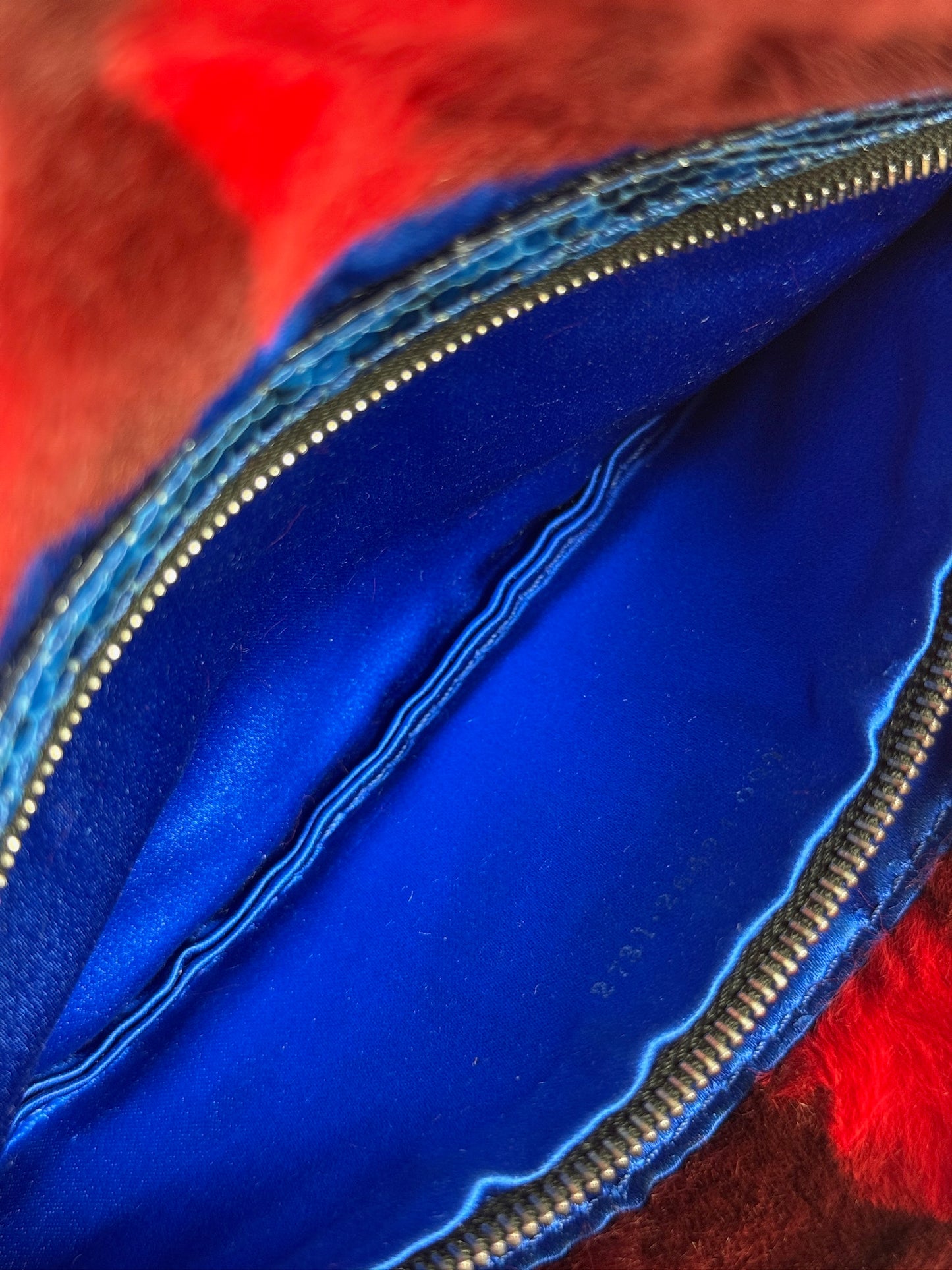 Fendi Vintage Red Rabbit Fur Blue Lizard Trim Shoulder Baguette Bag