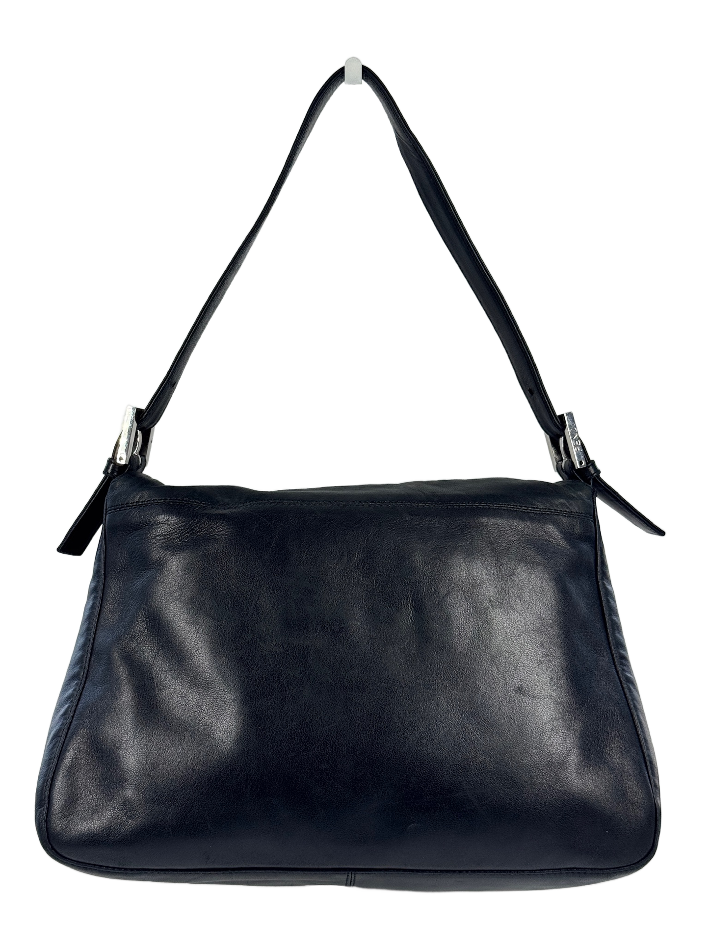 Fendi Vintage Black Leather Green Logo Mamma Shoulder Baguette Bag