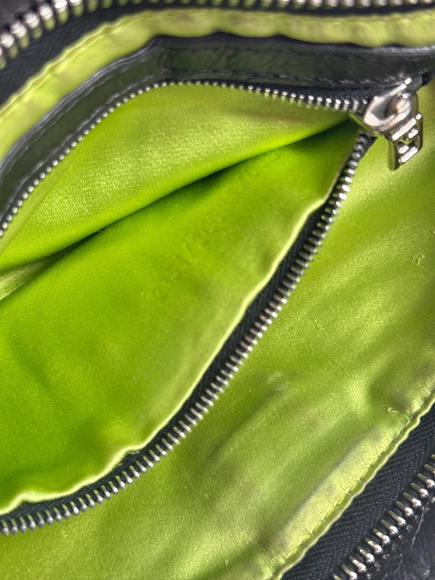 Fendi Vintage Black Lambskin Leather Green Logo Shoulder Baguette Bag