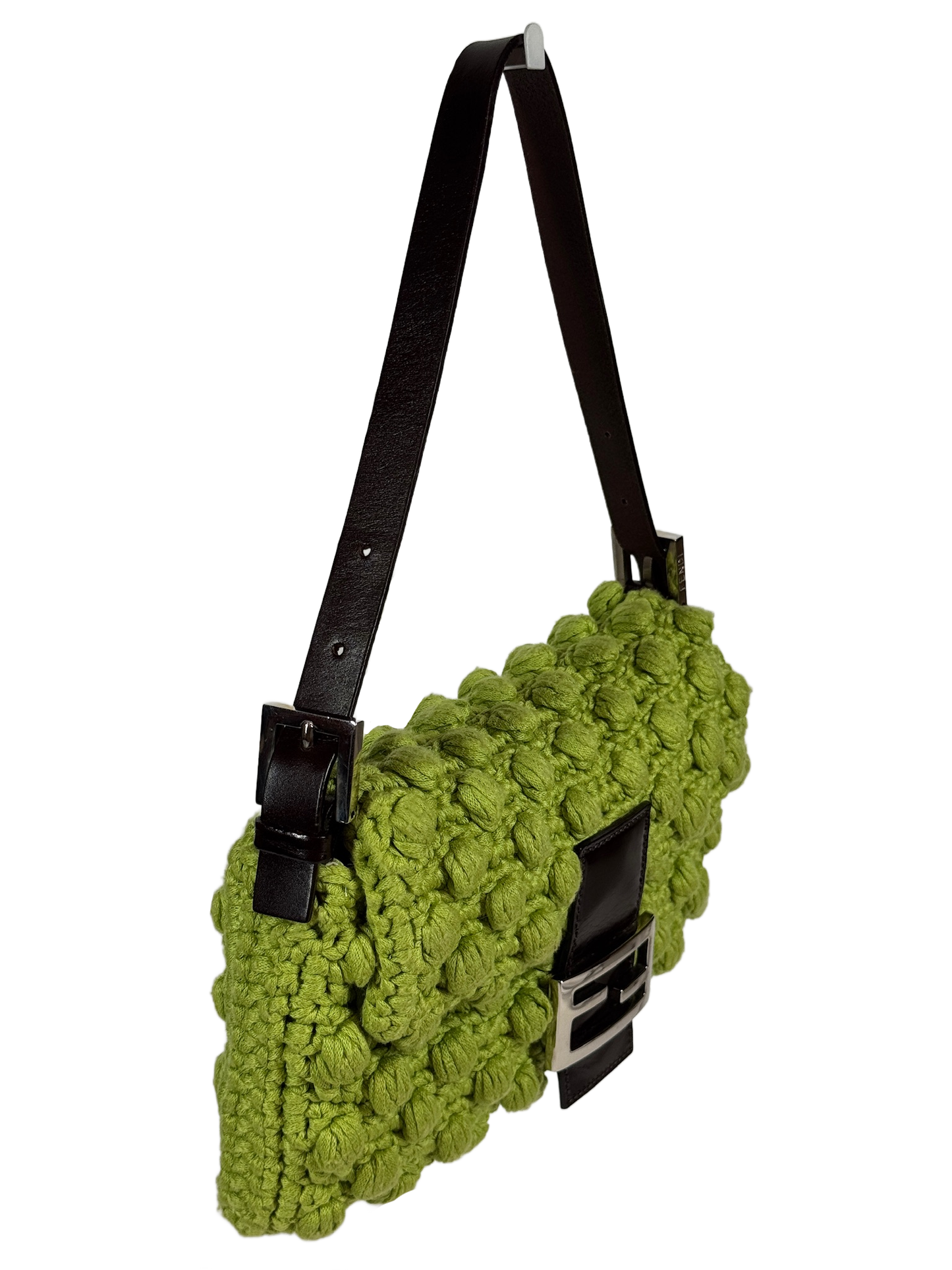 Fendi Vintage Lime Green Crochet Knit Shoulder Baguette Bag