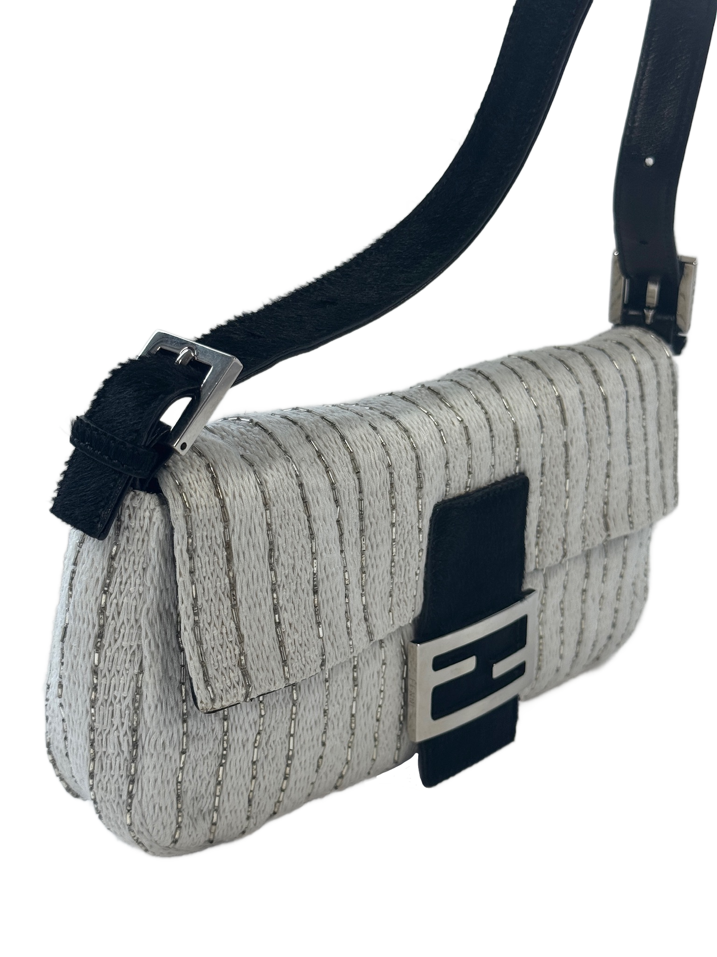 Fendi Vintage White Knit Silver Beaded Striped Baguette w Black Pony Hair Trim