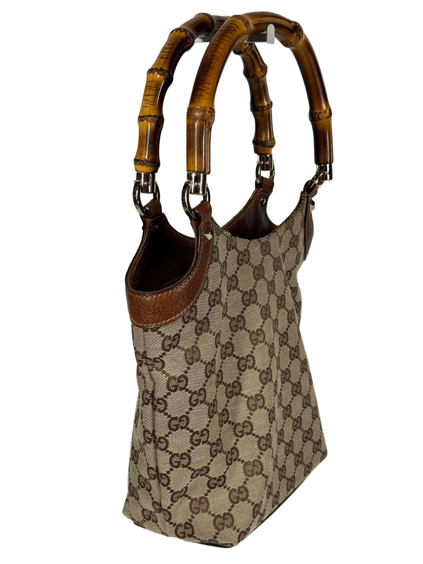 Gucci Vintage Brown GG Monogram Canvas Brown Leather Trim Bamboo Top Handle Bucket Bag