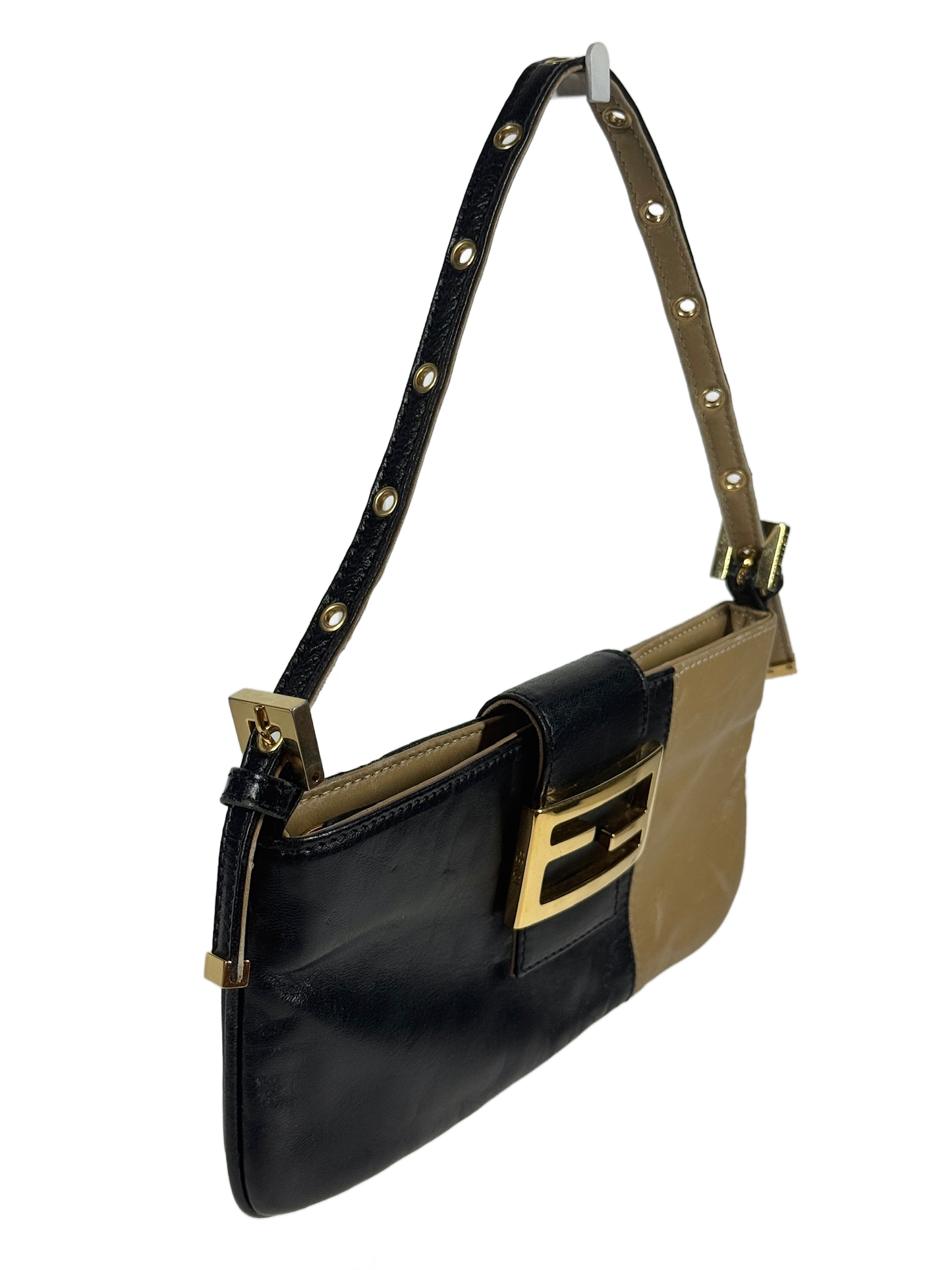 Fendi Vintage Black & Beige Lambskin Leather Flap Pochette Baguette Bag