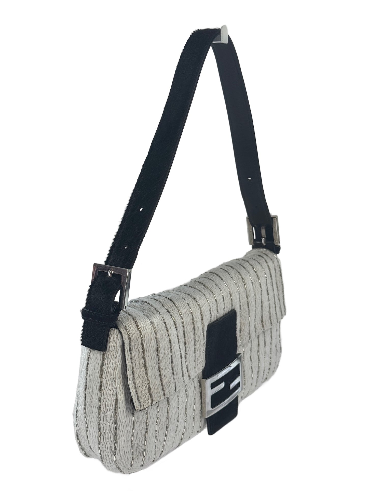 Fendi Vintage White Knit Silver Beaded Striped Baguette w Black Pony Hair Trim