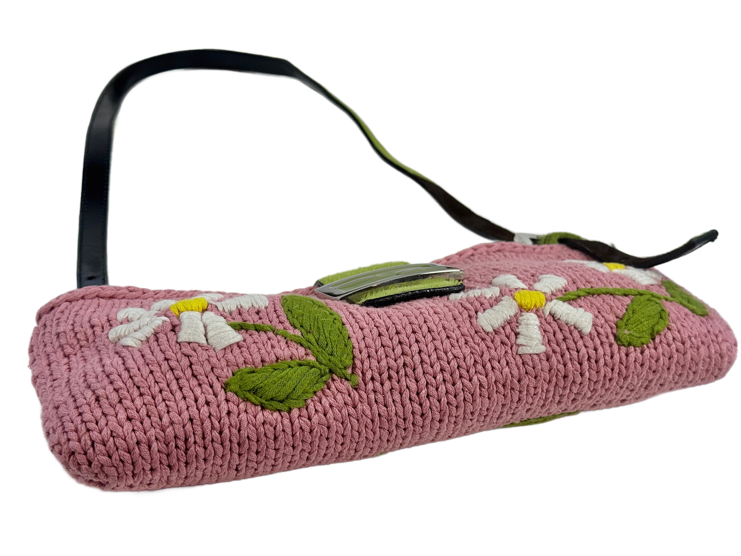 Fendi Vintage Pink Knit Floral Green Cow Print Pony Hair Trim Shoulder Baguette Bag