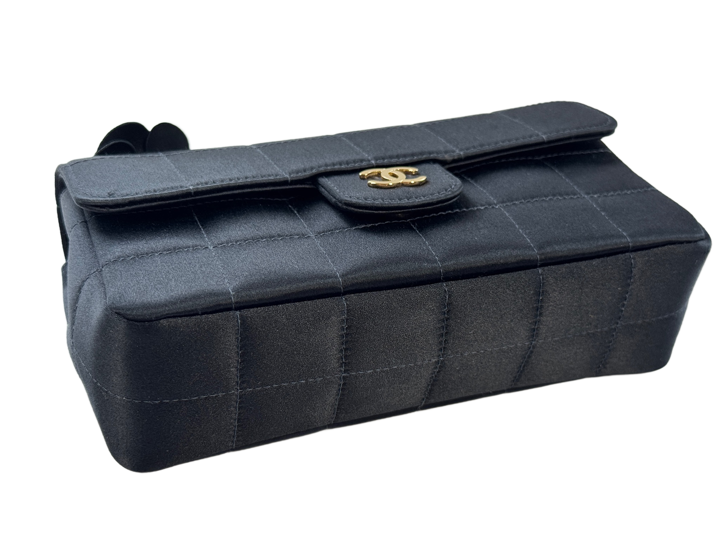 Chanel Vintage 00s Black Satin Quilted Chocolate Bar Camellia Flower Extra Mini Flap Bag