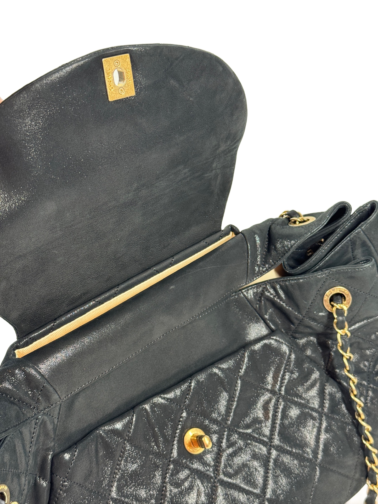 Chanel 2011 Iridescent Turquoise Crinkled Calfskin Quilted Accordion Shoulder Tote Bag