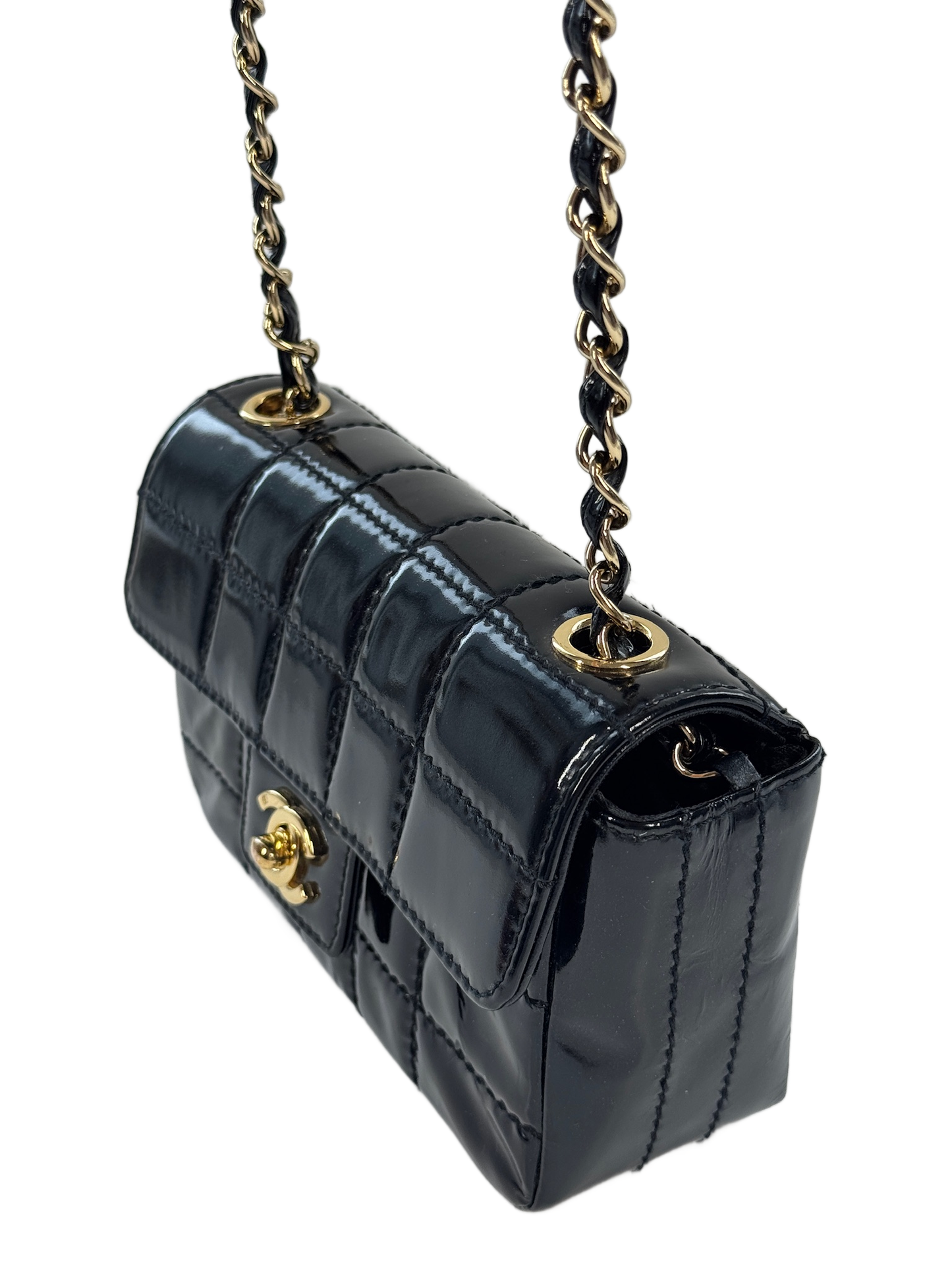 Chanel Vintage 00s Black Patent Leather Mini Rectangular Quilted Chocolate Bar Flap Bag w 24K Gold Plated Hardware