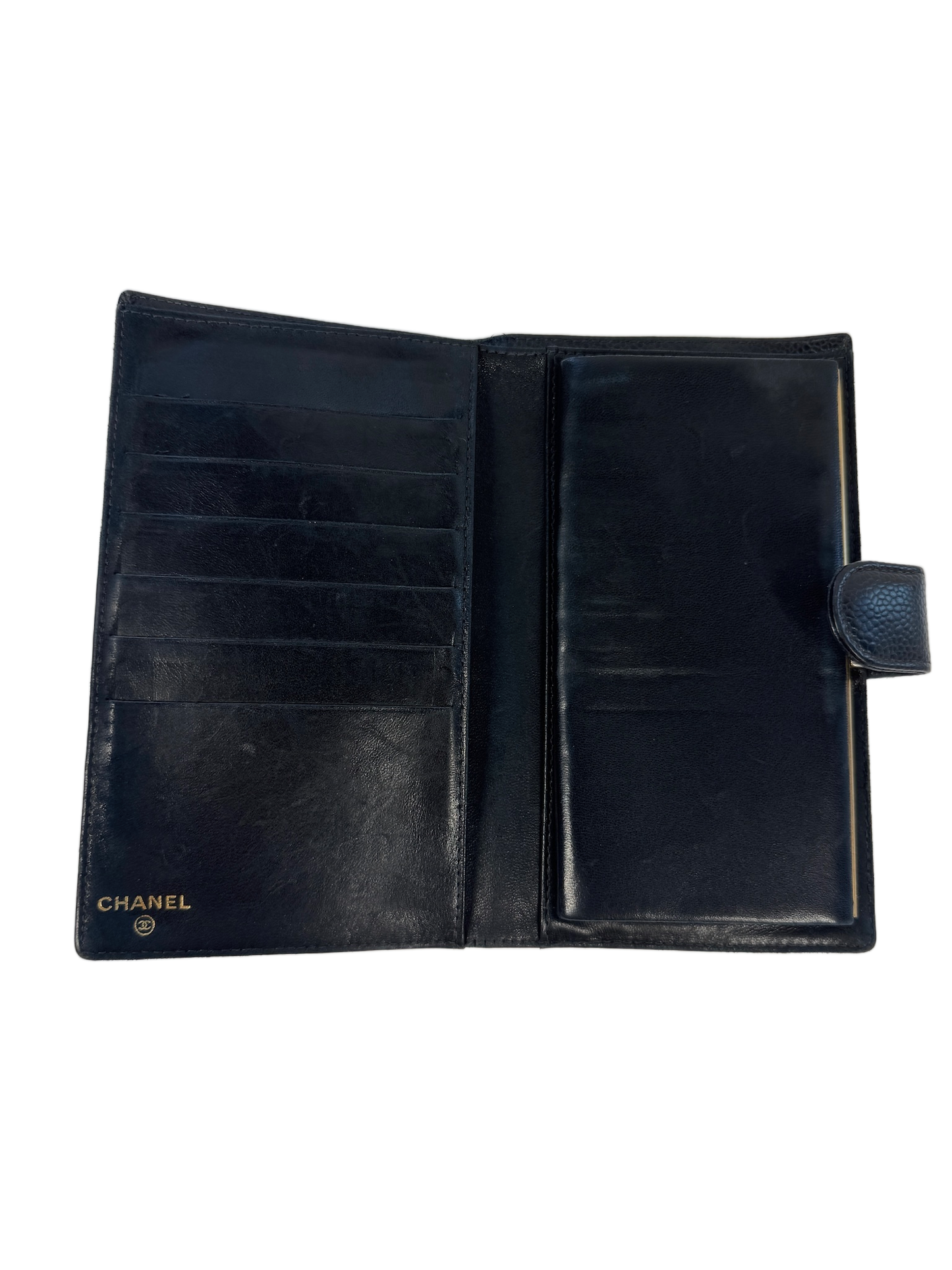 Chanel Vintage Black Caviar CC Logo Long Snap Bifold Wallet