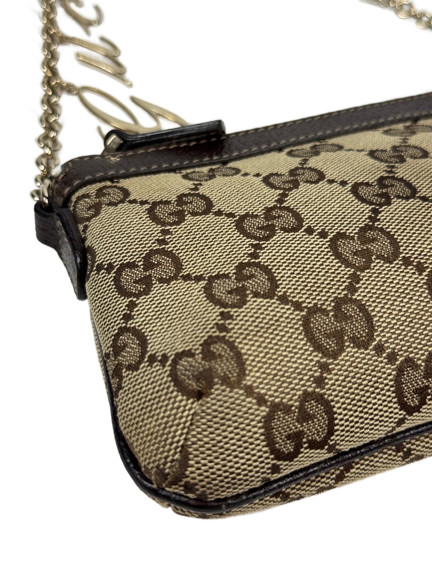 Gucci Vintage Brown Monogram Canvas Logo Chain Strap Evening Pochette Bag