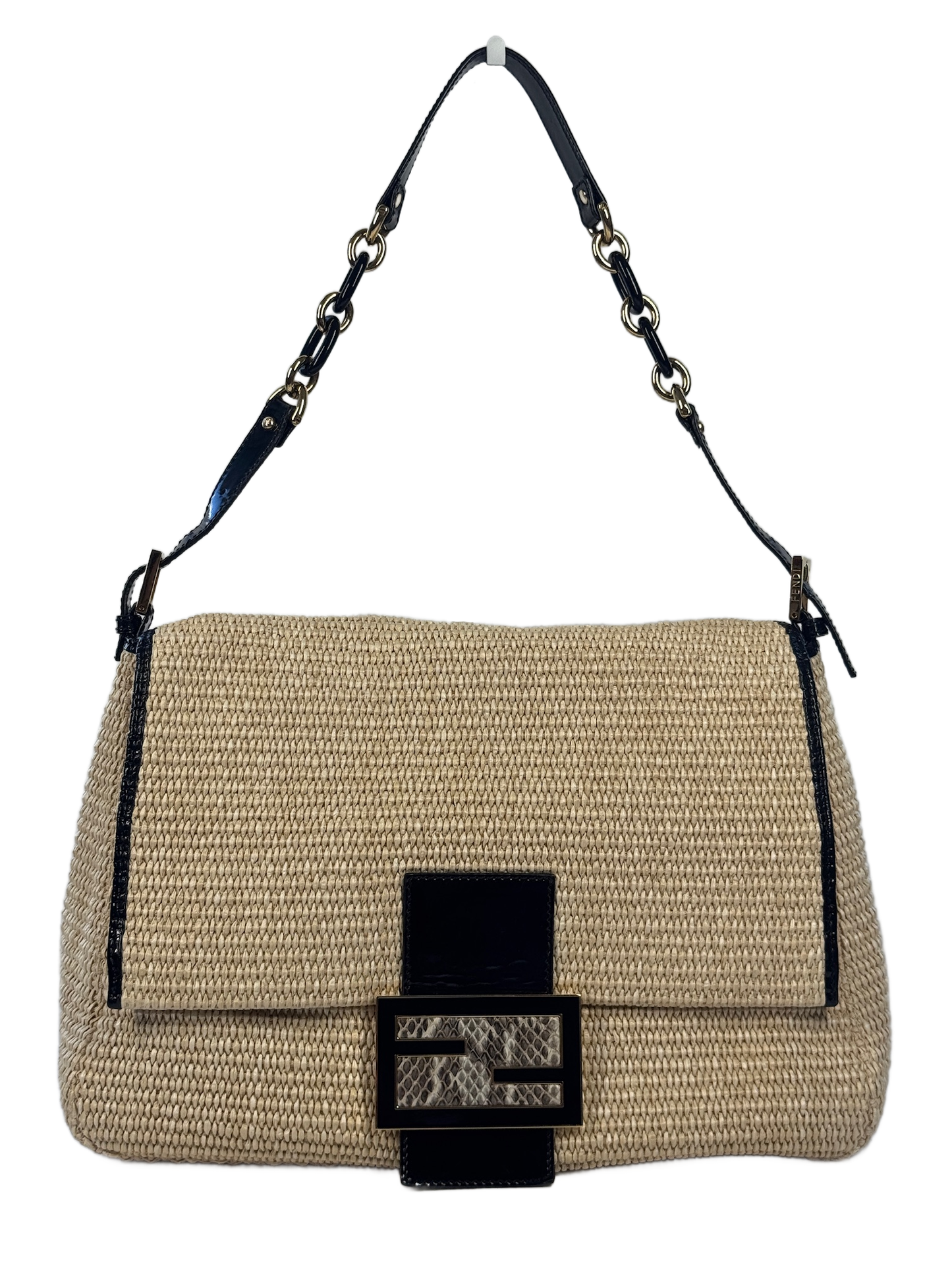 Fendi Vintage Beige Raffia Black Snakeskin Patent Leather Trim XL Mamma Baguette Shoulder Bag