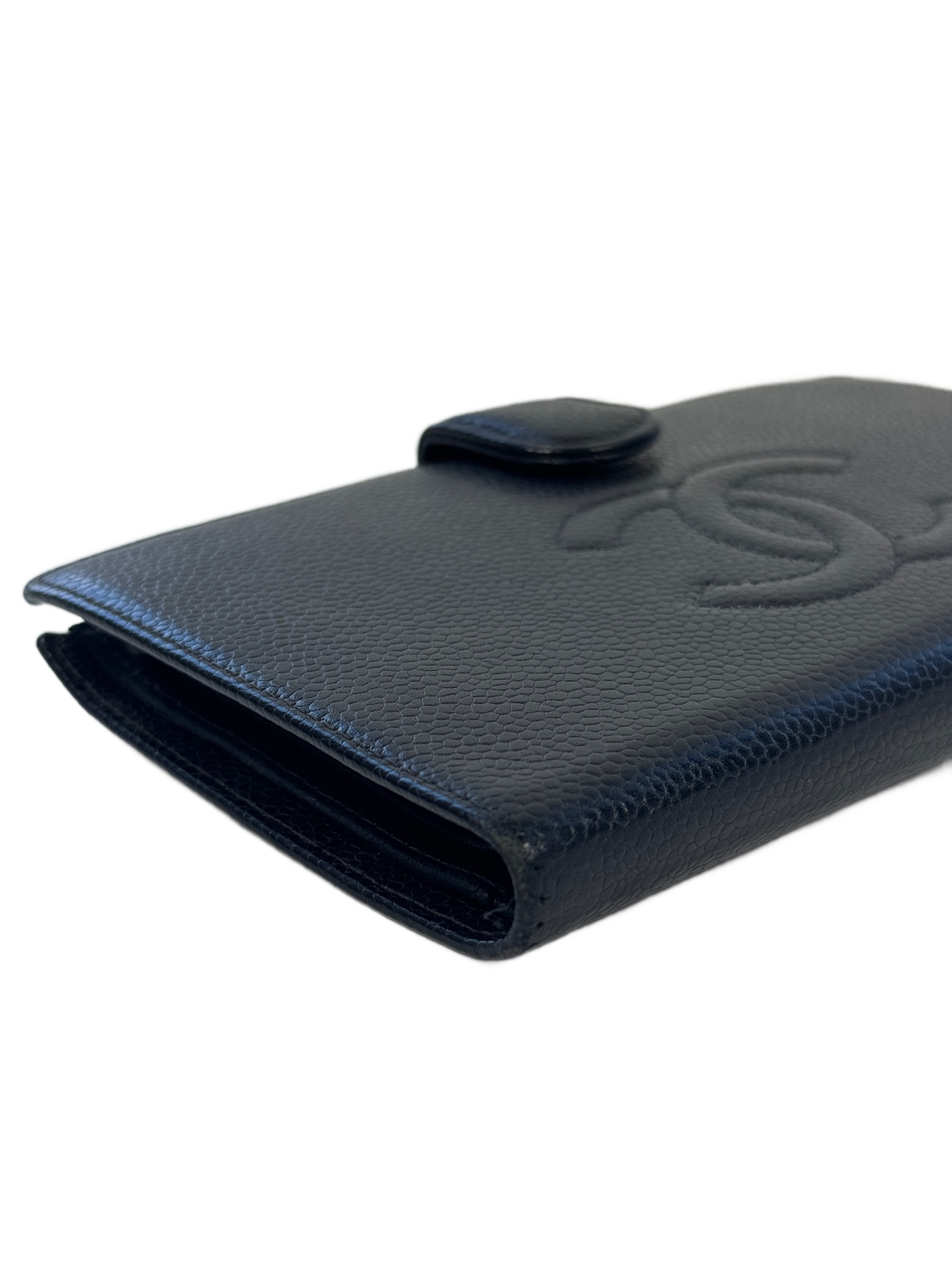 Chanel Vintage Black Caviar CC Logo Long Snap Bifold Wallet