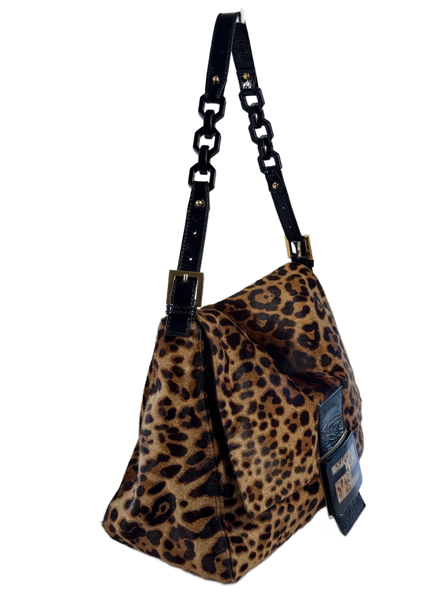 Fendi Vintage Brown Leopard Print Pony Hair w Black Patent Leather Trim XL Jumbo Mamma Baguette Shoulder Bag