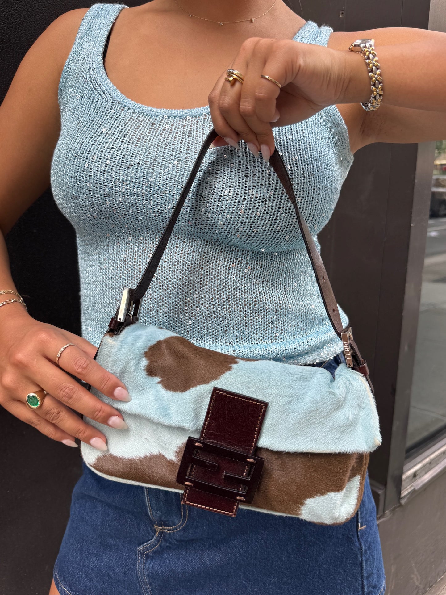 Fendi Vintage Blue & Brown Cow Animal Print Pony Hair Shoulder Baguette Bag