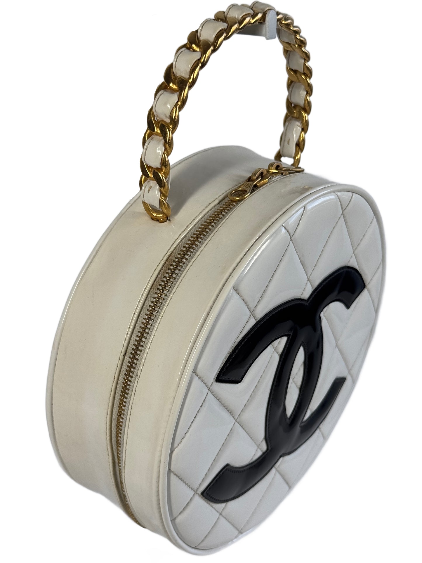 Chanel Vintage Spring 1995 Quilted White & Black Patent Leather CC Round Vanity Bag