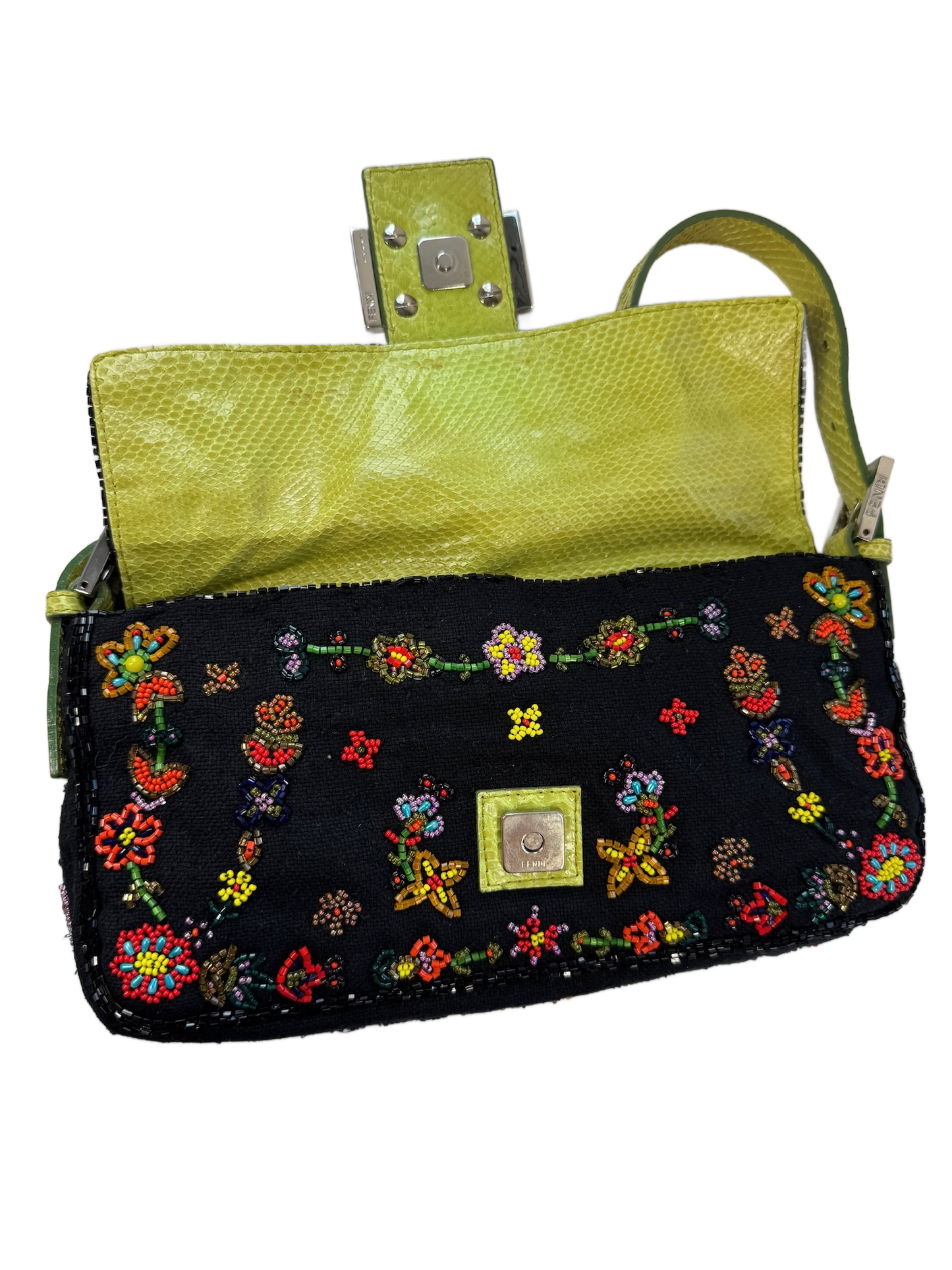Fendi Vintage Black Knit Floral Beaded Embroidered Baguette Shoulder Bag w Green Lizard Trim