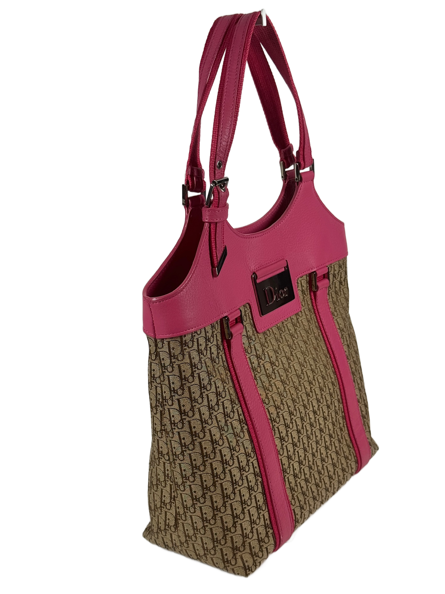 Dior Vintage Diorissimo Brown Monogram Canvas Street Chic Pink Leather Trim Shoulder Bag