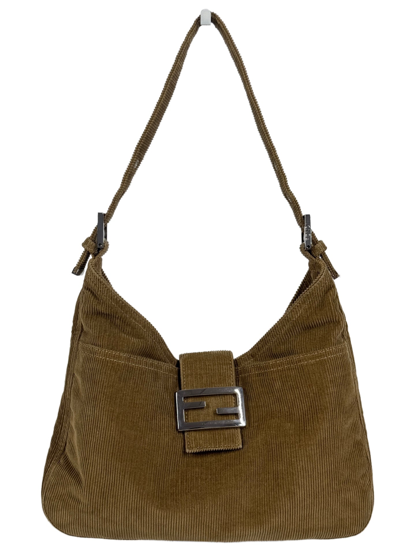 Fendi Vintage Beige Brown Corduroy Shoulder Hobo Baguette Bag