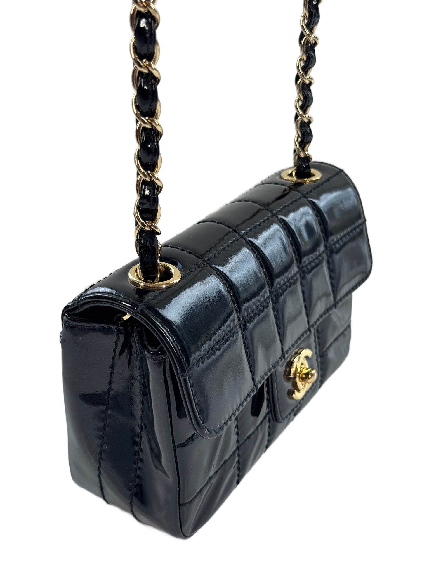 Chanel Vintage 00s Black Patent Leather Mini Rectangular Quilted Chocolate Bar Flap Bag w 24K Gold Plated Hardware