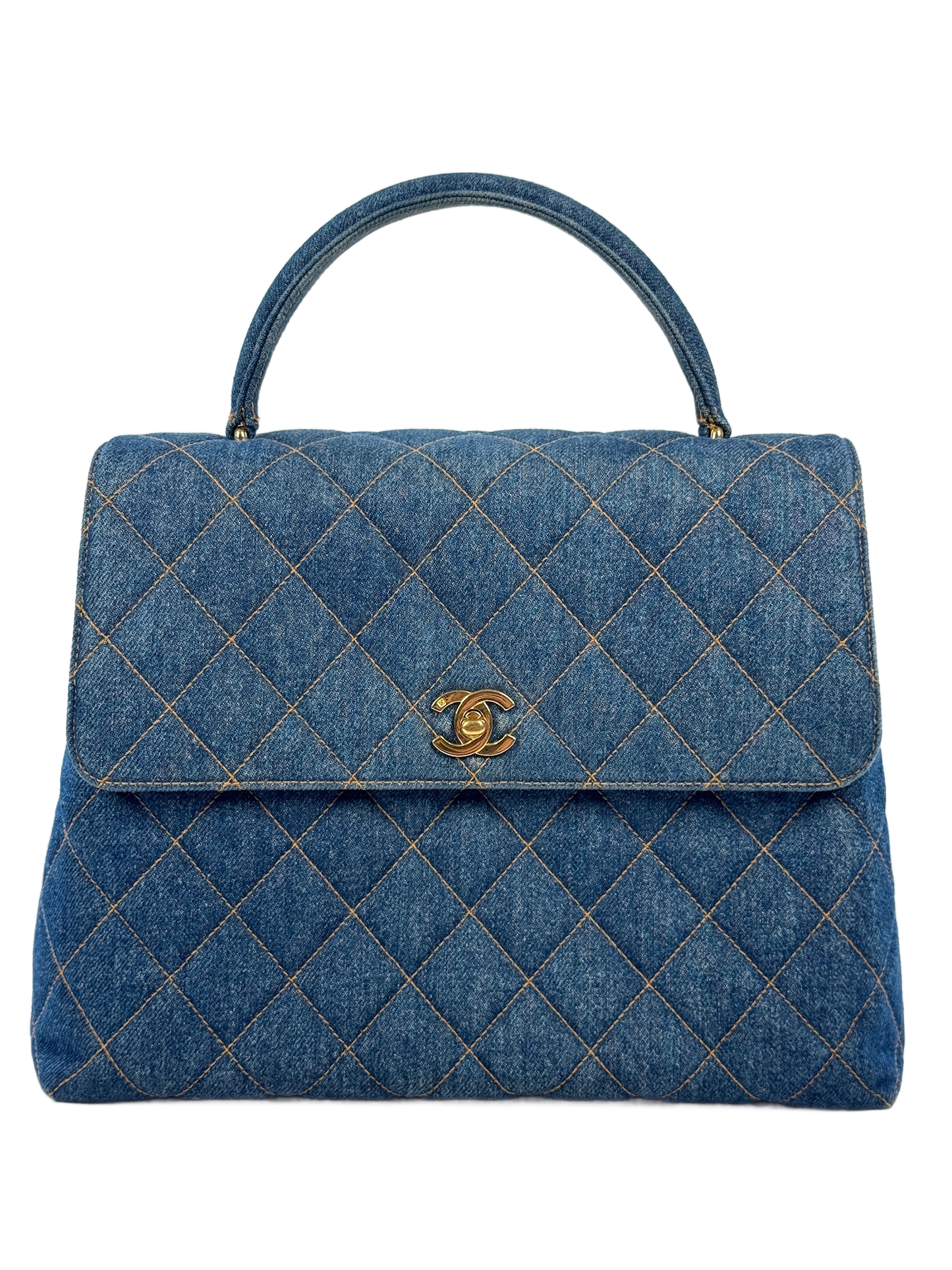 Chanel Vintage 1997 Blue Quilted Denim Medium Classic Kelly Top Handle Flap Bag w 24K Gold Plated Hardware