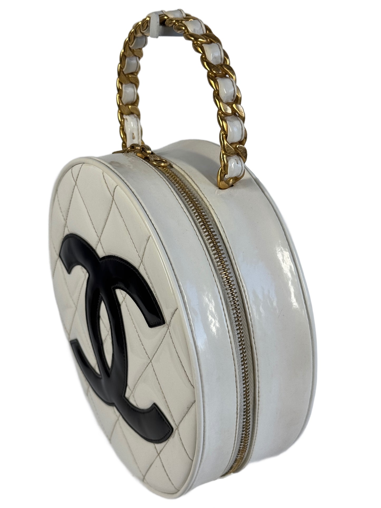 Chanel Vintage Spring 1995 Quilted White & Black Patent Leather CC Round Vanity Bag