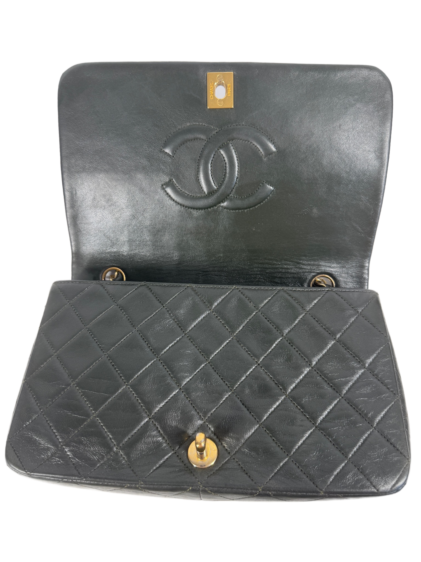 Chanel Vintage 00s Khaki Green Quilted Lambskin Small Classic Single Flap Turn Lock Shoulder Bag