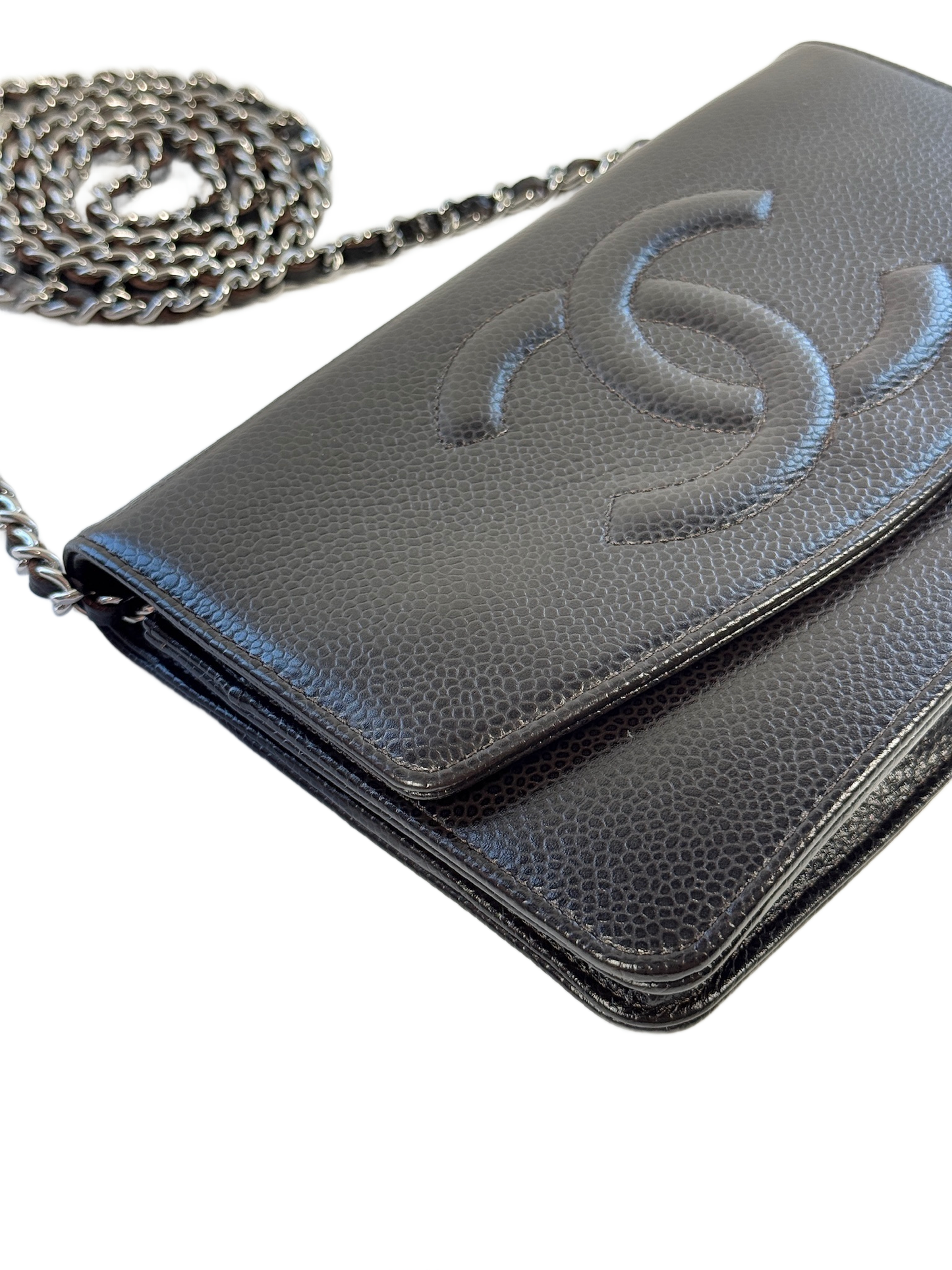 Chanel Vintage 00s Black Caviar CC Logo Timeless Wallet On Chain Crossbody Bag