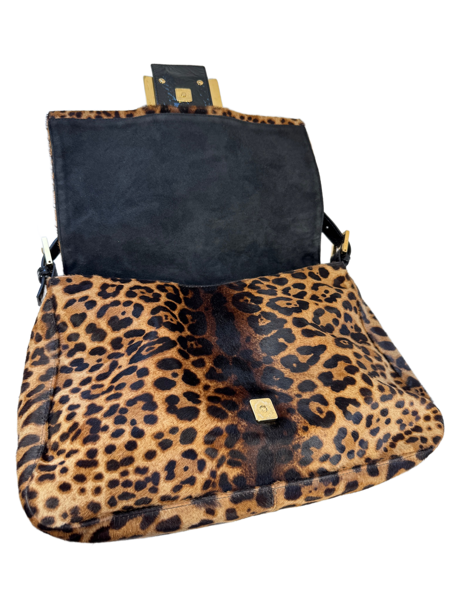 Fendi Vintage Brown Leopard Print Pony Hair w Black Patent Leather Trim XL Jumbo Mamma Baguette Shoulder Bag