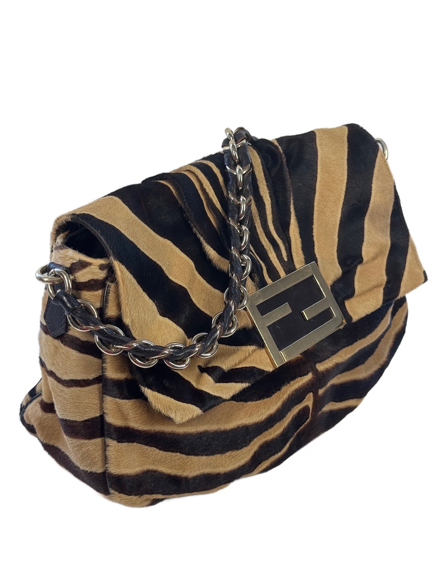 Fendi Vintage Beige & Brown Zebra Print Pony Hair Medium Chain Shoulder Bag