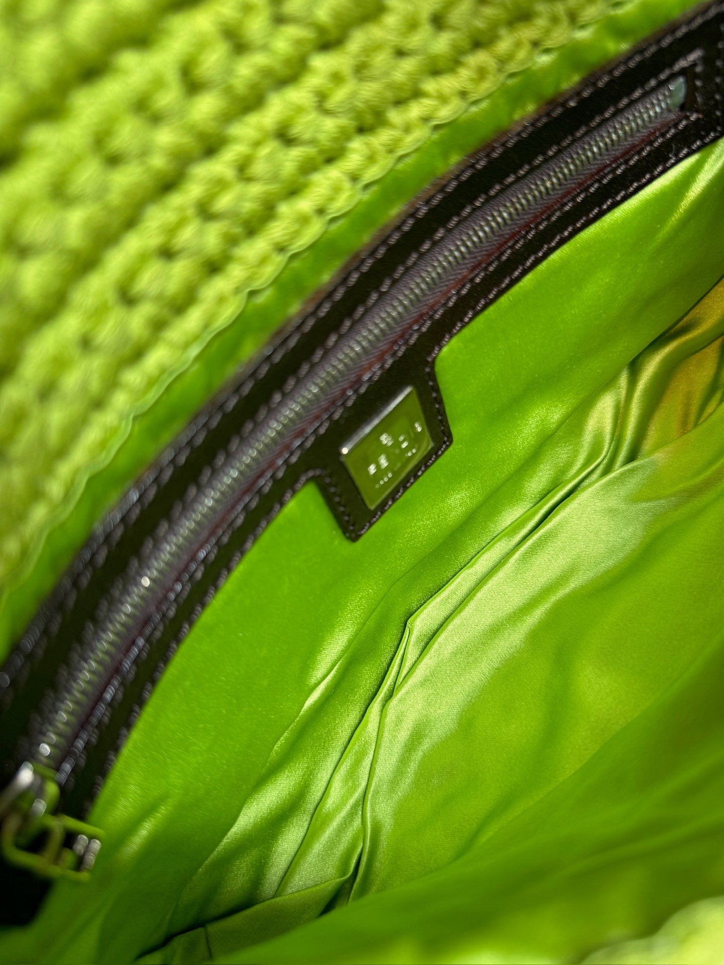 Fendi Vintage Lime Green Crochet Knit Shoulder Baguette Bag