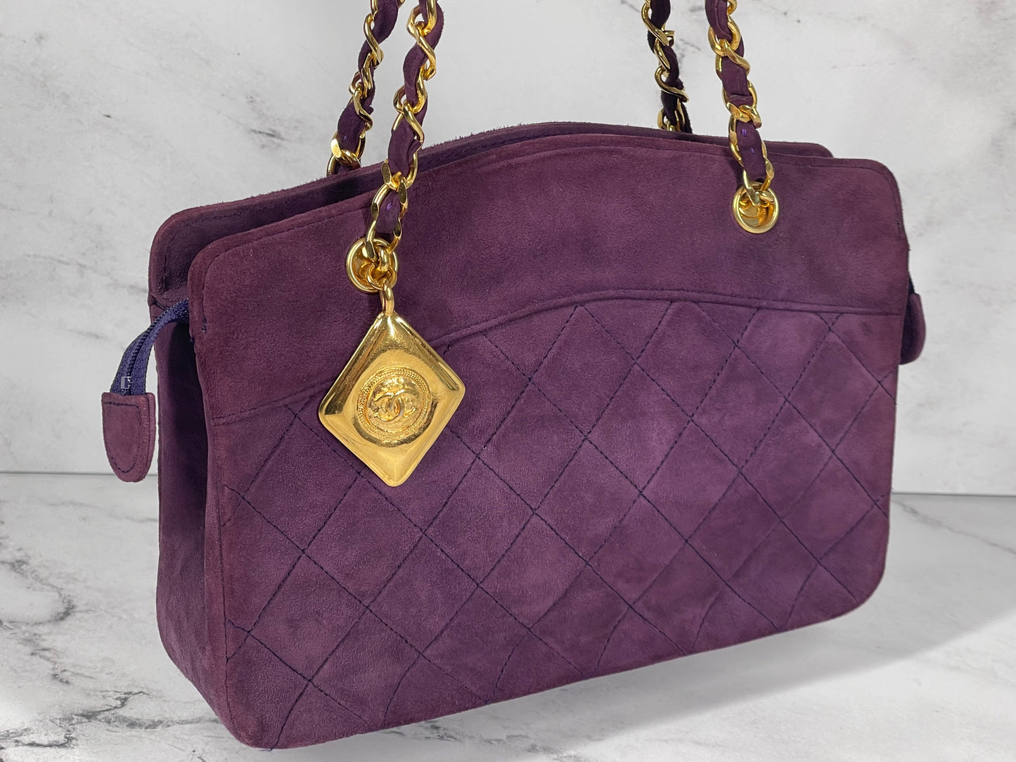 Chanel Vintage 1 Series Eggplant Purple Suede Chain Shoulder Bag w 24K GPHW