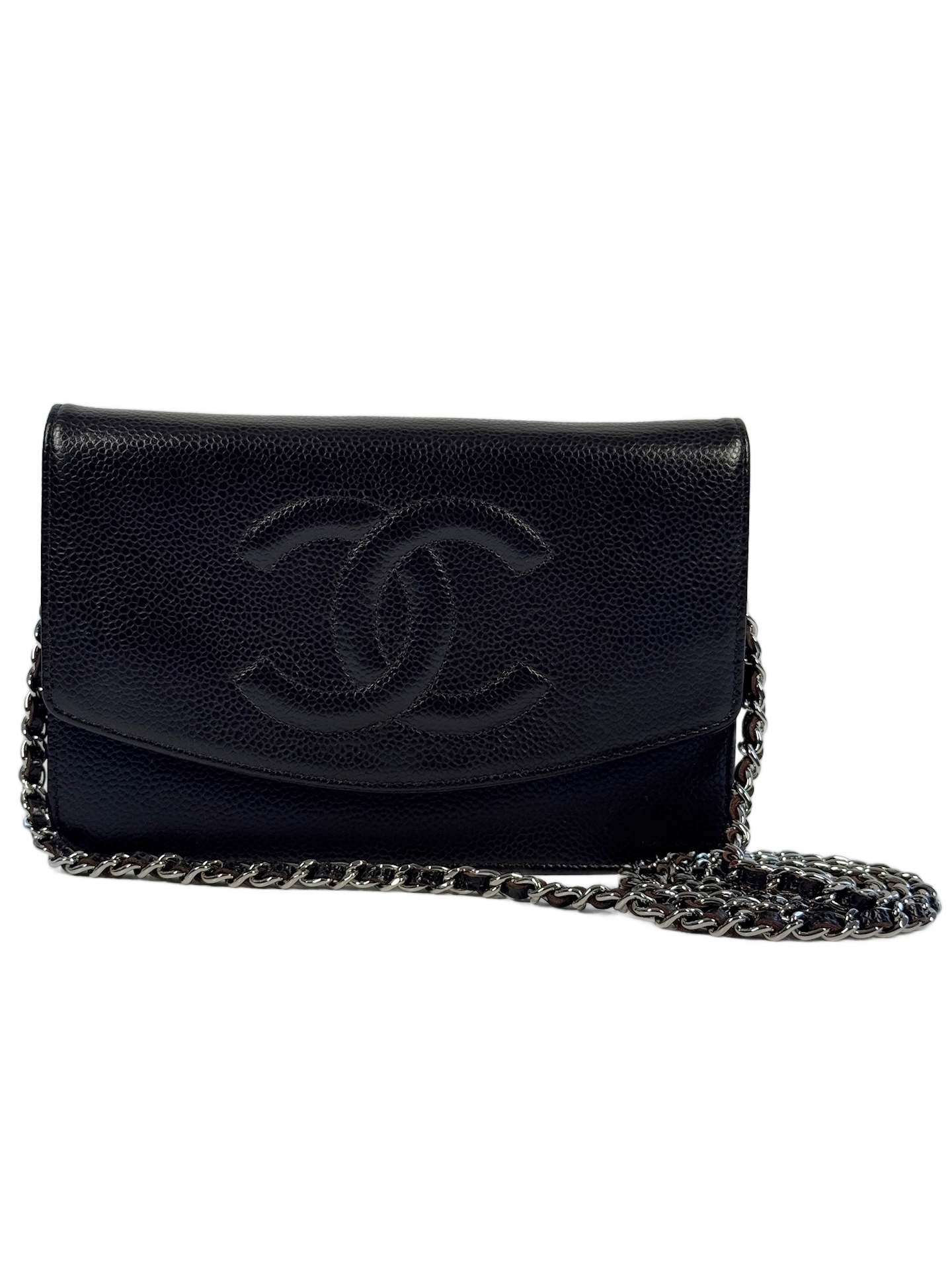 Chanel Vintage 00s Black Caviar CC Logo Timeless Wallet On Chain Crossbody Bag