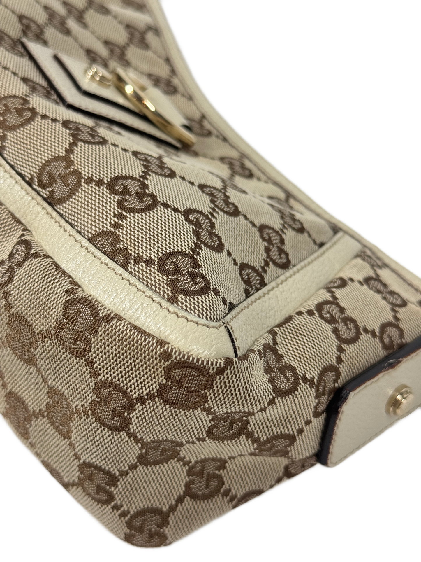 Gucci Vintage Brown GG Monogram Canvas w Ivory Leather Trim Abbey Pochette Shoulder Bag