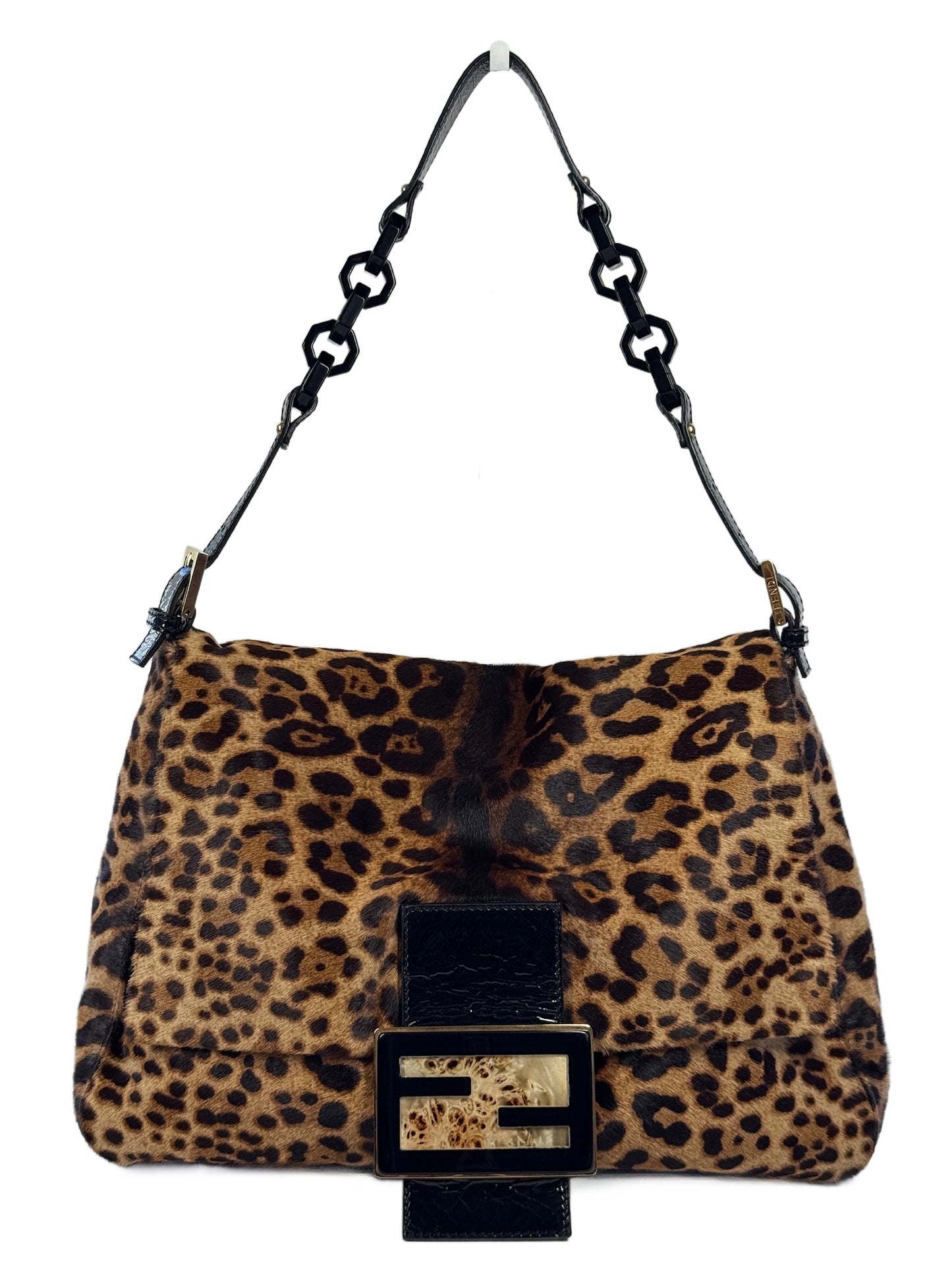 Fendi Vintage Brown Leopard Print Pony Hair w Black Patent Leather Trim XL Jumbo Mamma Baguette Shoulder Bag